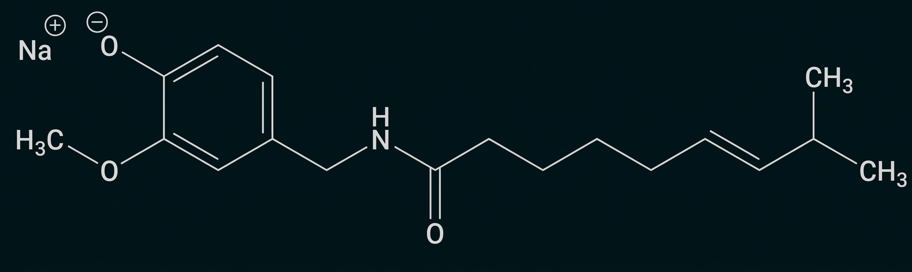 Strukturformel eines organischen Moleküls: aromatischer Ring mit Methoxy- und Natriumphenolat, Amid und langer Alkylkette